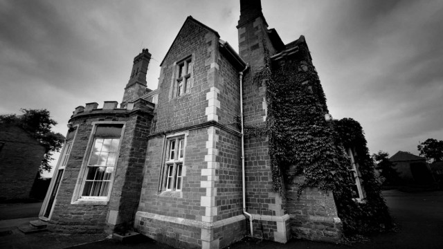 black and white image of brooksby hall