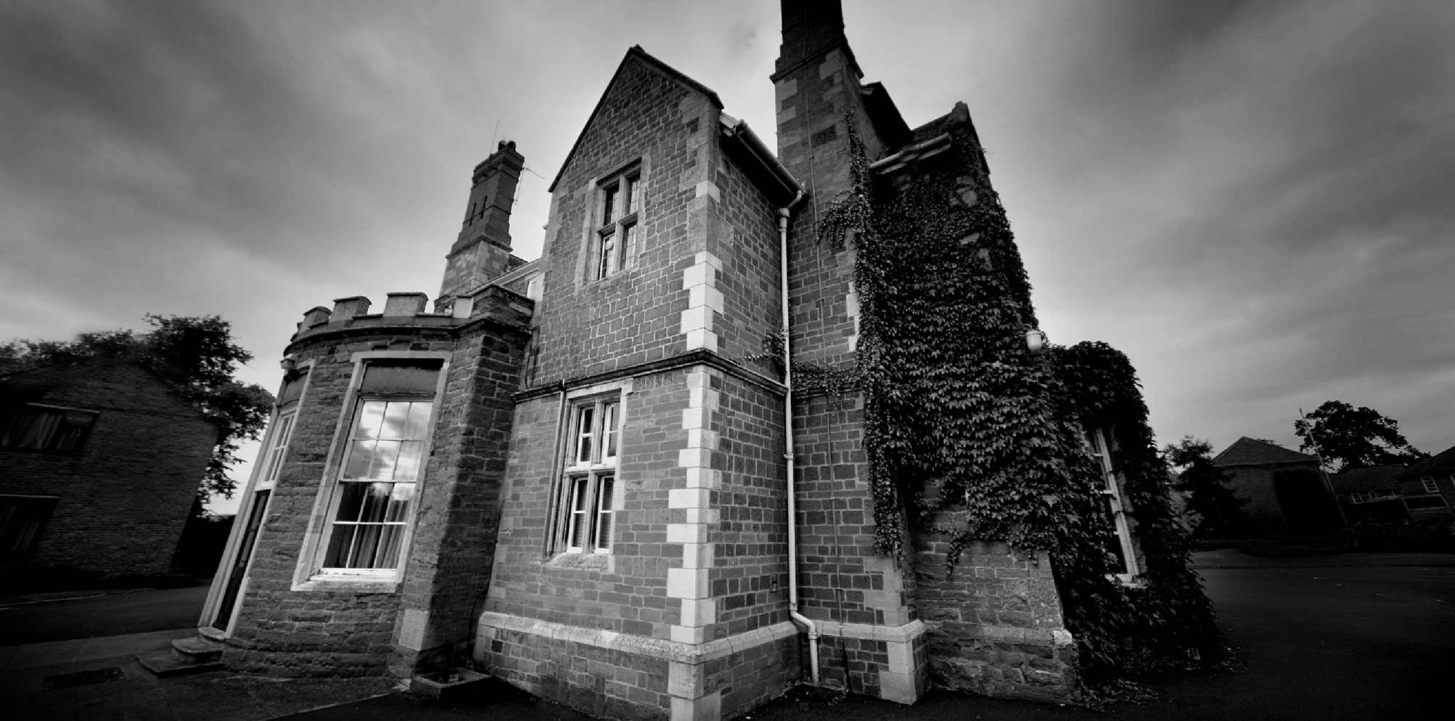 black and white image of brooksby hall